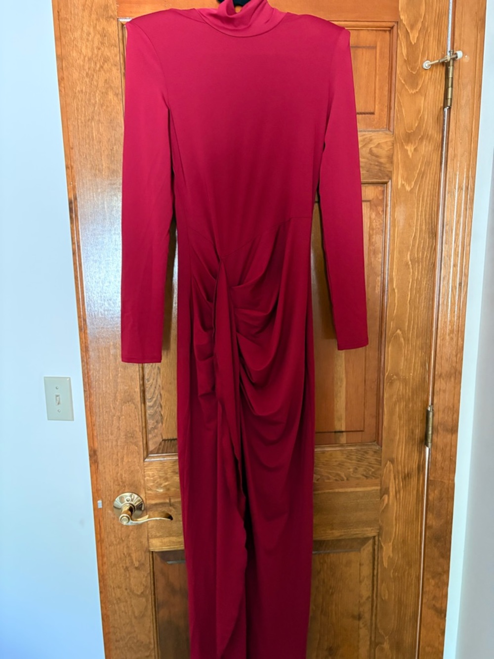Ruched Long-Sleeve Maxi Dress in Wine Red